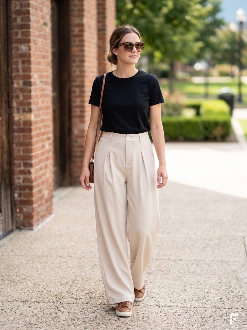 BTFBM Cream Beige Wide Leg Trousers M Pleated High Waist Elastic Back Tailored